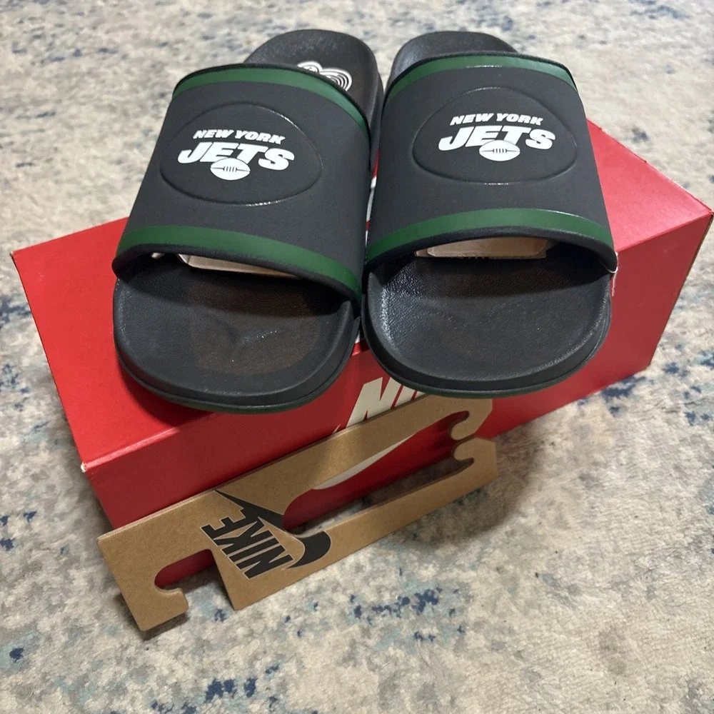 Nike Off Court Mens New York Jets Slides Size 12 Black & Green Sandals Shoes NFL